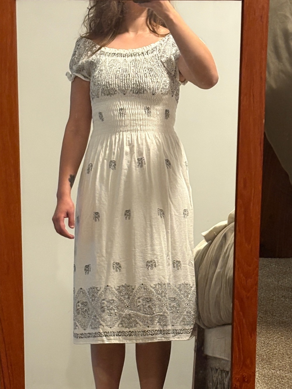 White Midi Dress with Elephant Print